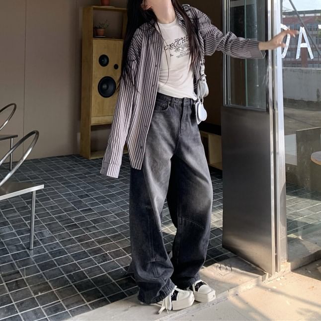 Bolgivy - Mid Waist Washed Baggy Jeans