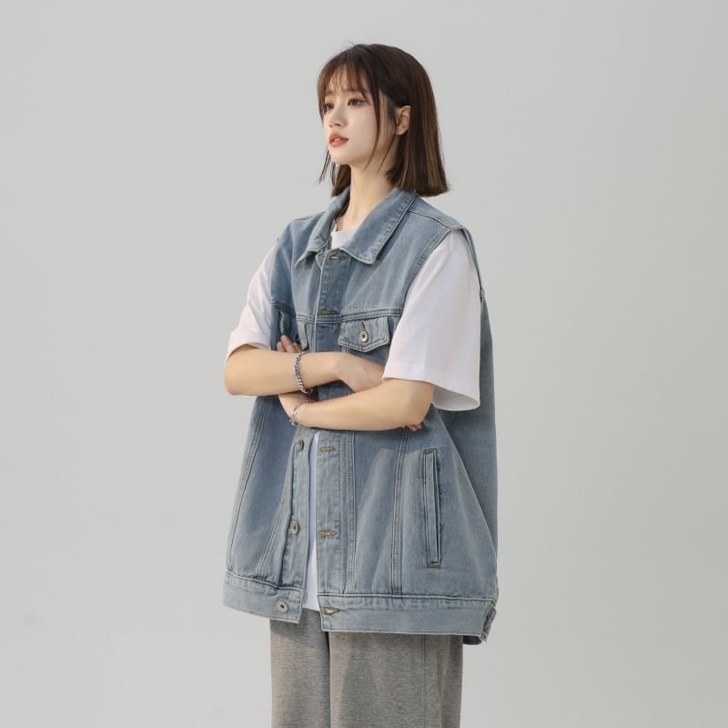 Samso - Gewassen denim vest met kraag en knoopjes