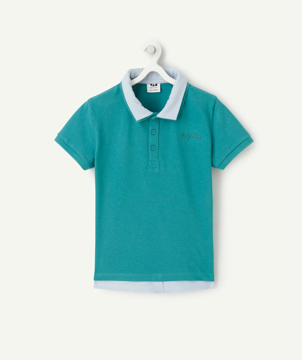 polo manches courtes garçon en coton bio effet 2 en 1 avec message