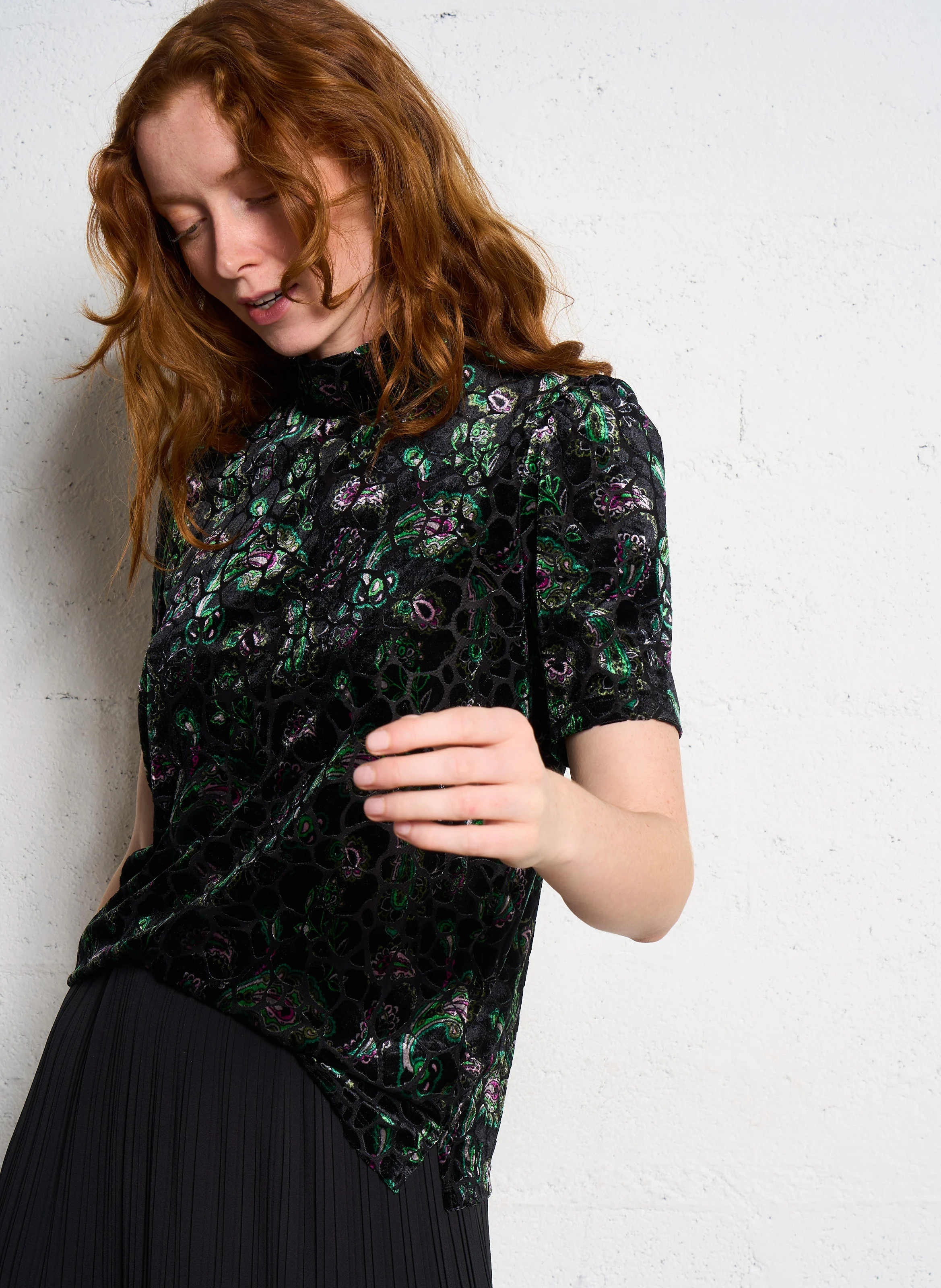 Top col montant jacquard | Noir