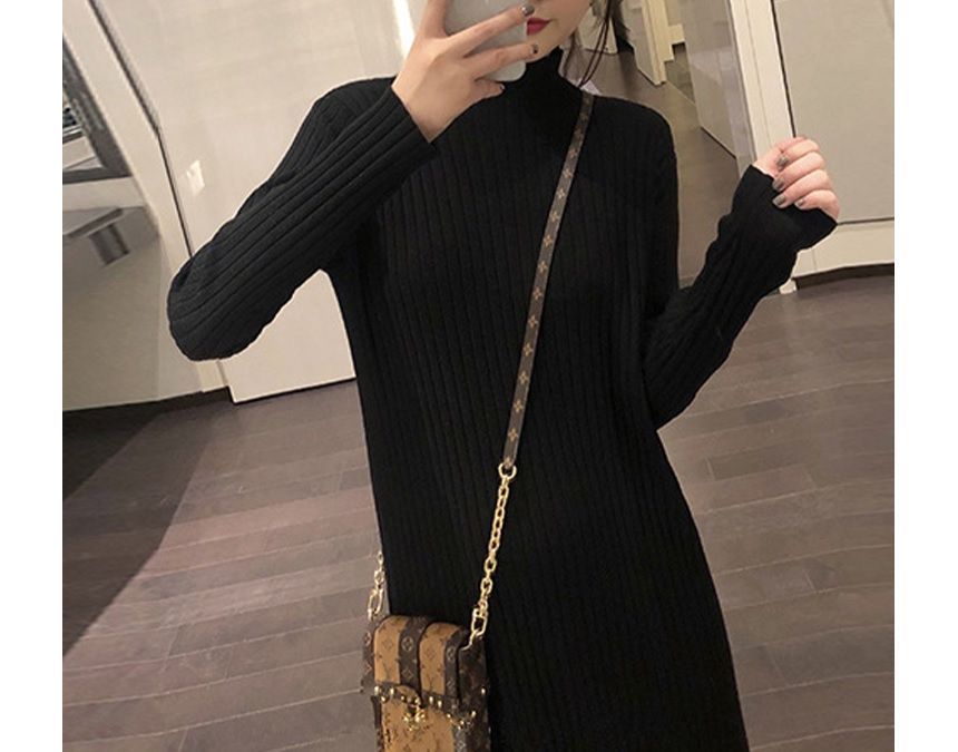 Leoom - V-hals effen kabelgebreide lange cardigan met knoopjes / Lange mouwen mockneck midi A-lijn gebreide jurk