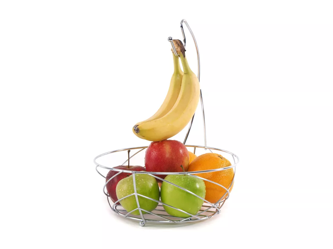 SALADIER À FRUITS FRAIS avec un accroche-banane argent chromé