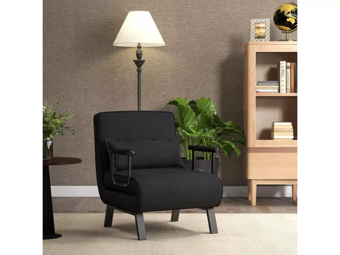 Fauteuil Convertible à Lit 1 Place, Fauteuil de Salon 4-en-1, Dossier Réglable en 6 Positions avec Oreiller, Oreiller, Siège Rembourré, Accoudoirs, Cadre Métal, Canapé-Lit Pliant, Noir