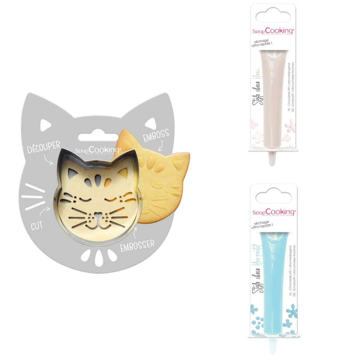 Kit pour biscuit en relief Chat + 2 Stylos au chocolat blanc et bleu p