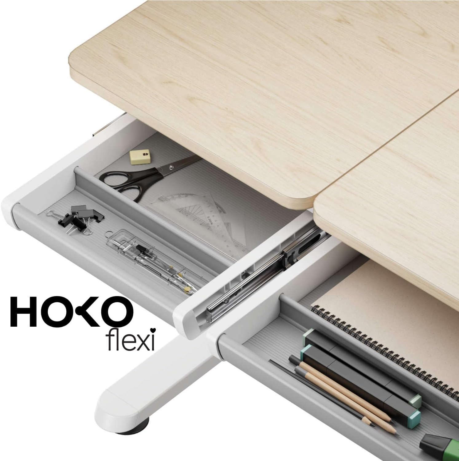 HOKO Kinderschreibtisch, Höhenverstellbar Kinderschreibtische 120x60 cm, Schreibtisch Kinder ab 6 Jahren, neigbare Tischplatte mit Schubladen, 100kg Belastbarkeit, Verstellbar von 54-76cm (Holz,CELIN)