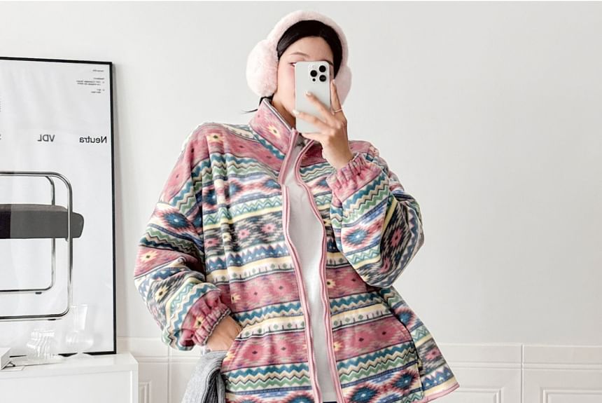 Chubby Girl - Fleecejack met losse pasvorm en rits en patroonmockneck