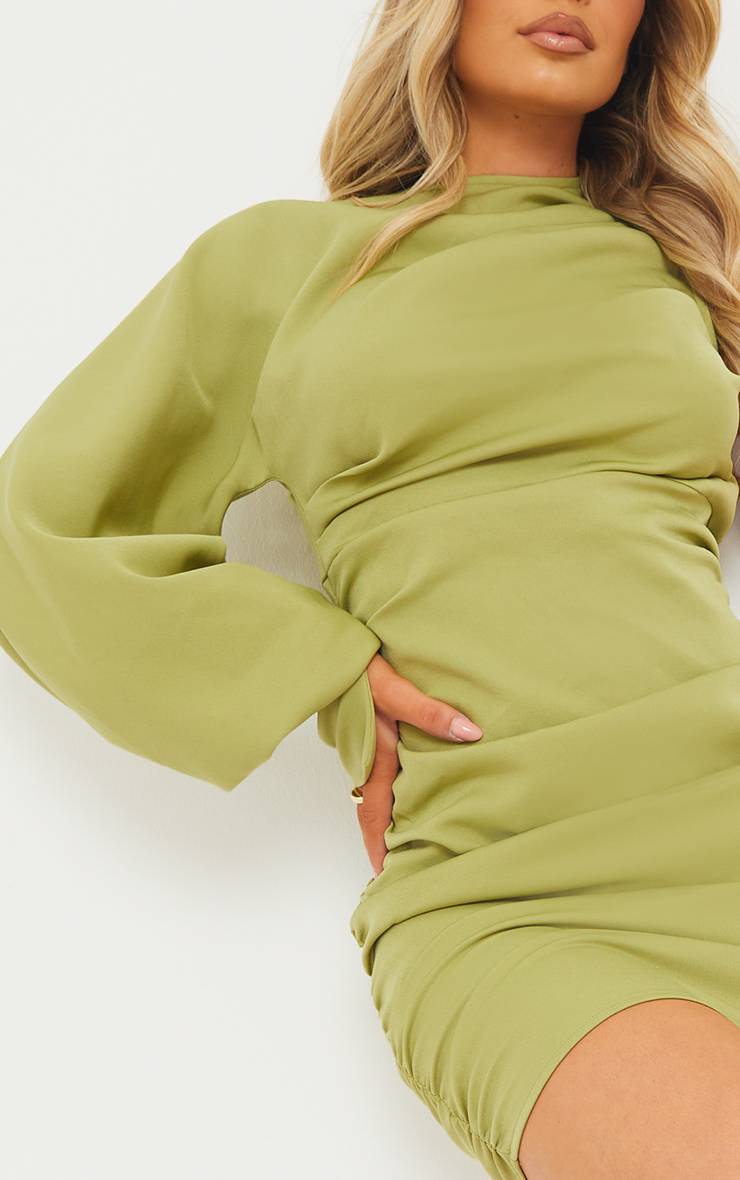Vert Sauge Robe Moulante Tissée Froncée À Une Manche