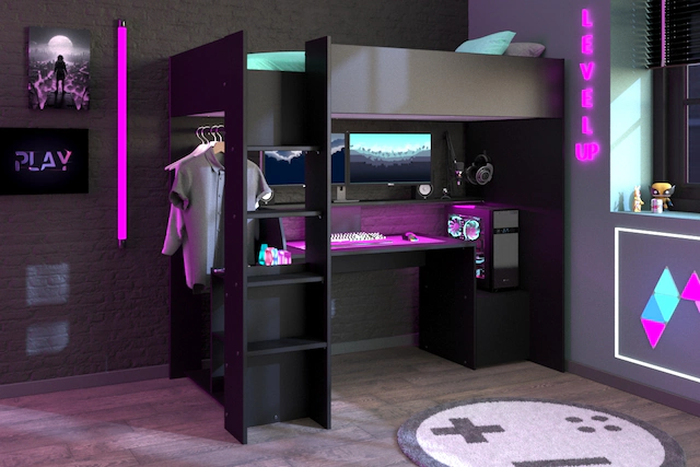 Parisot Hochbett »Meddox, TOPSELLER! OTTOs Choice, Gamerbett,  LED, Schreibtisch« Gesamtaussenmasse B/T/H  203,7/94,4/180 cm,  Kleiderstange, viel Stauraum, ideal für kleine Räume, ALL-IN-ONE Bett