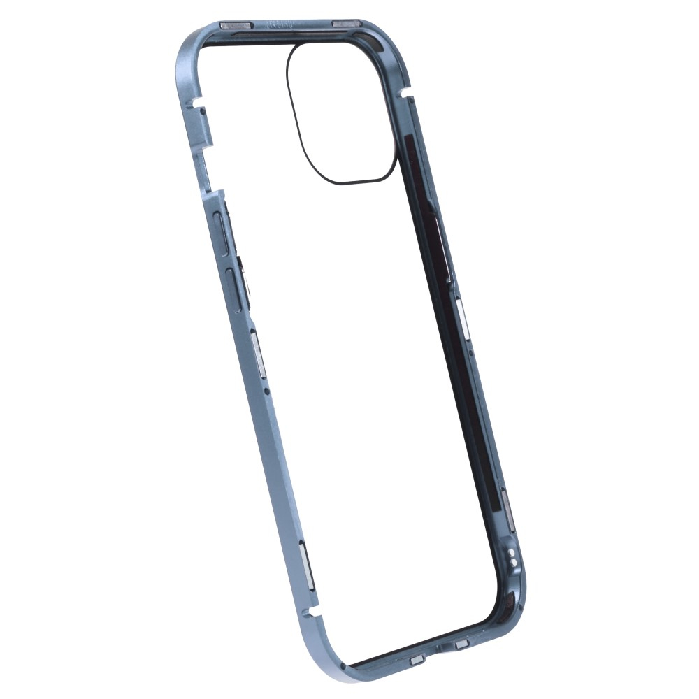 iPhone 14 Magnetische Alu Schutzhülle mit Panzer Glas Backcover   Privacy Glas Displayschutz (Magnet-Technologie) - Hellblau