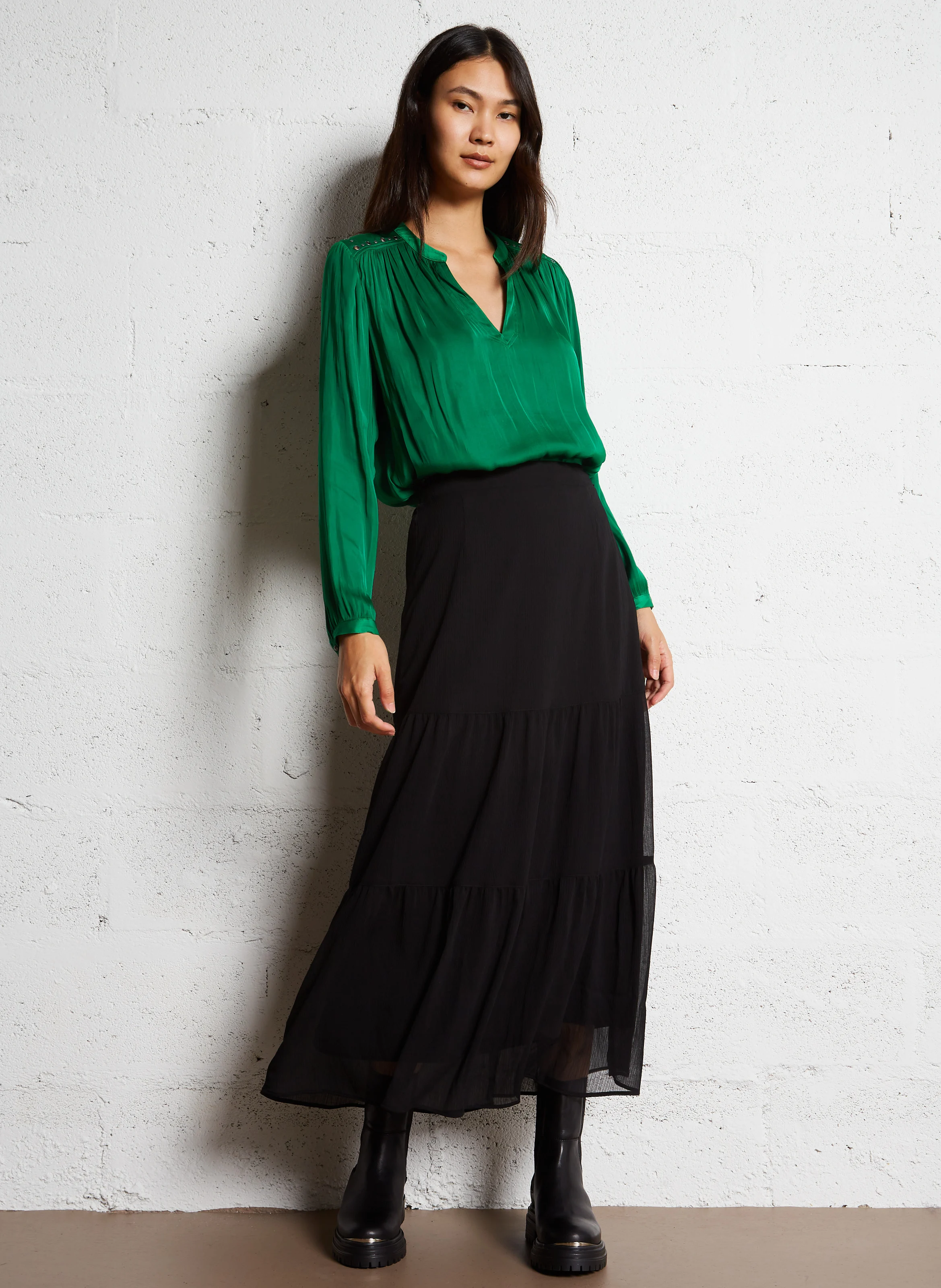 Top col V droit satiné | Vert