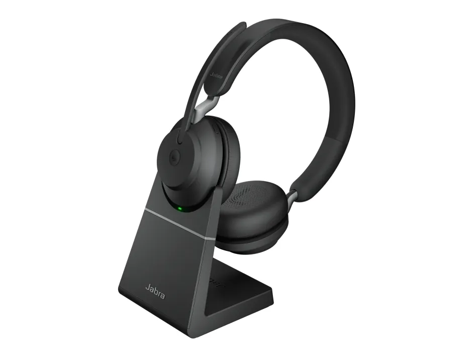 Jabra Evolve2 65 MS Stereo - Headset - på øret - Bluetooth - trådløs - USB-A - støjisolerende - sort - med opladningsstander - Certified for Microsoft Teams
