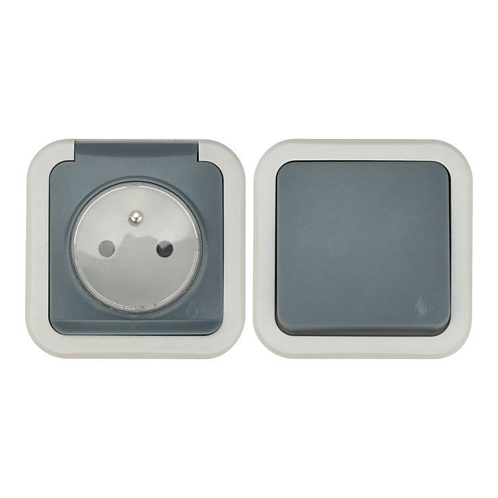 Ensemble 2 prises avec terre monobloc et 1 interrupteur va-et-vient étanche Jacobsen Malinn