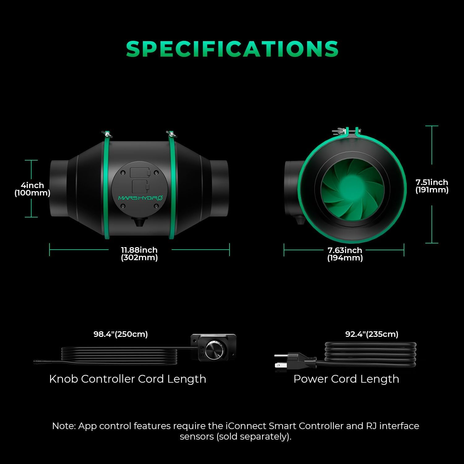 Mars Hydro iFresh Rohrventilator 100mm, 350m³/h Leiser EC Motor, 27W Rohrlüfter EU-Stecker, Abluftventilator für Growbox, Growzelt und Gewächshaus Hydrokultur