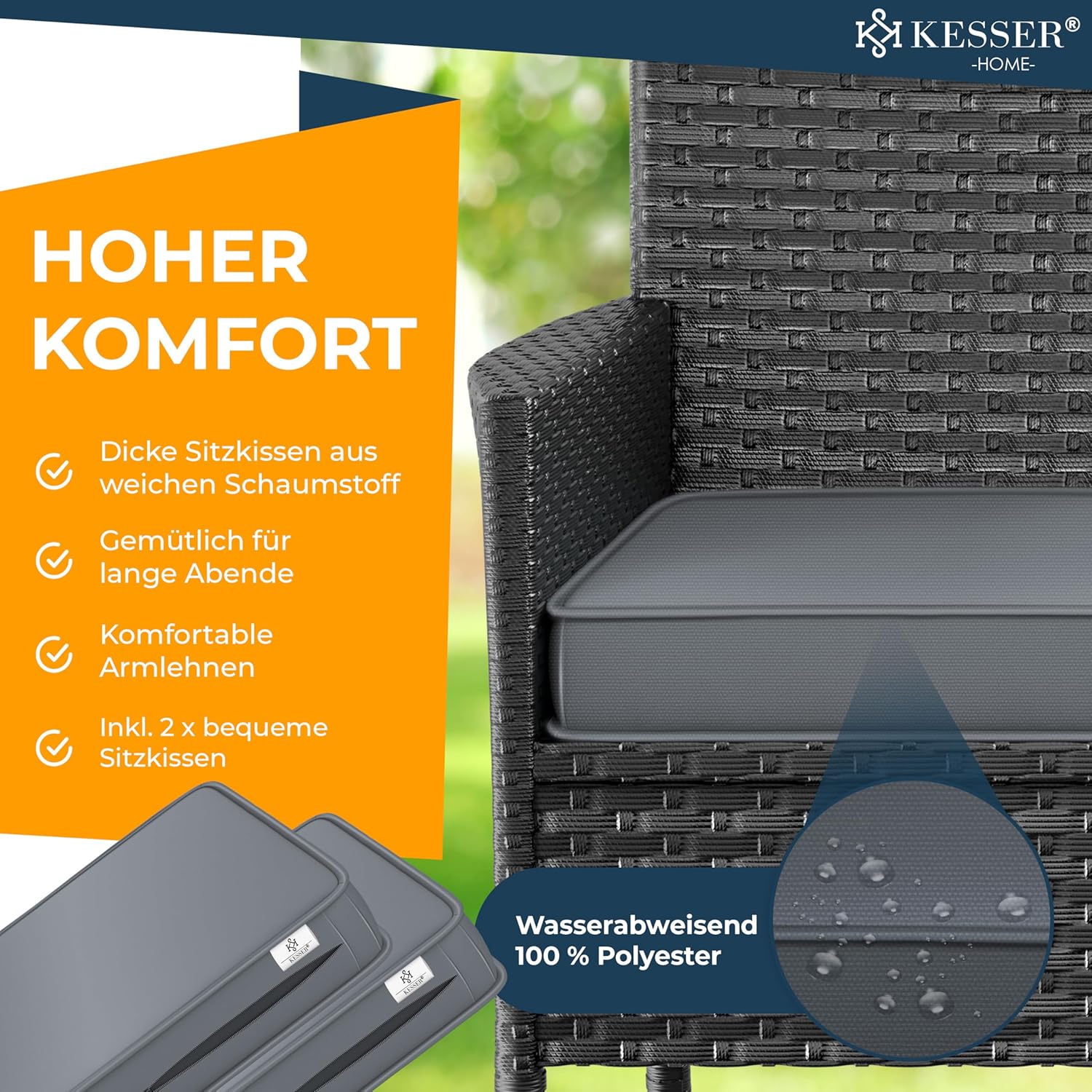 KESSER® Polyrattan Gartenbank 2-Sitzer Bank mit integriertem Tisch, 143×63×88 cm - Rattan Sitzbank Garten Balkon Gartensofa wetterfest Sitzgruppe Ultra Stabile, inklusive Kissen und Cover, Anthrazit