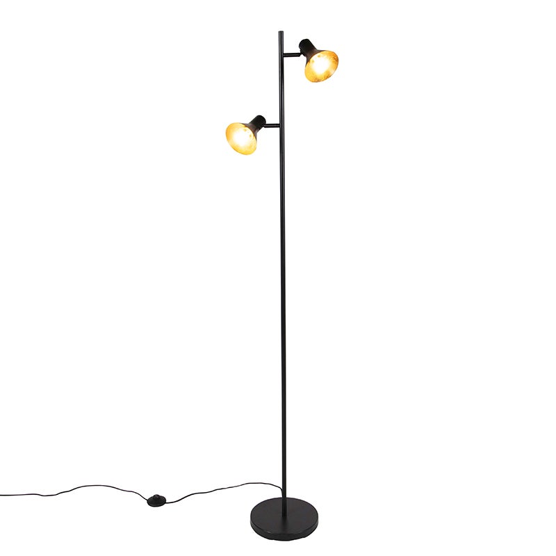 QAZQA - Moderne vloerlamp | Staande lamp | Vloerlamp | Lamp | Lamp, zwart met 2 gouden | Messing lampen - Magno | Woonkamer | Slaapkamer - Staal, langwerpig - LED-compatibel, E14