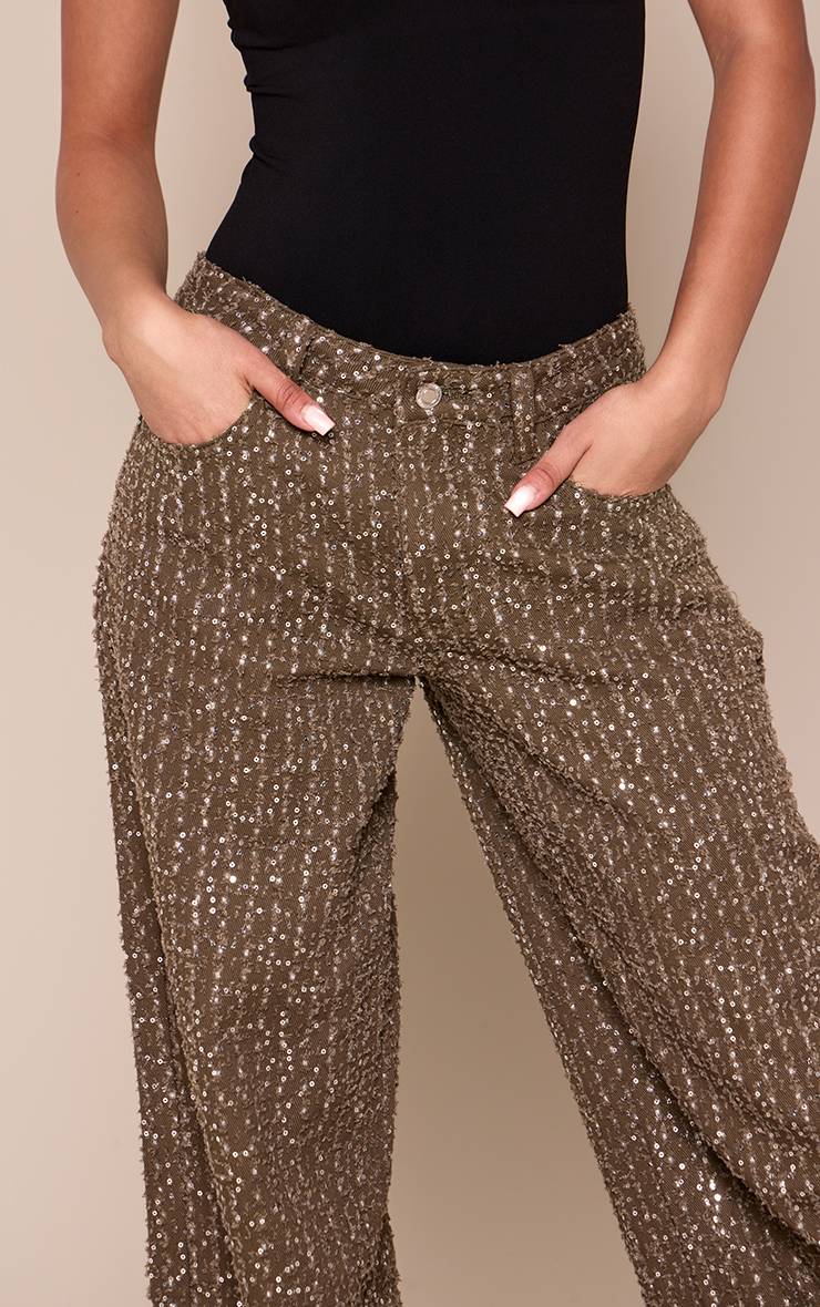 Kaki Jean Large Taille Basse À Sequins