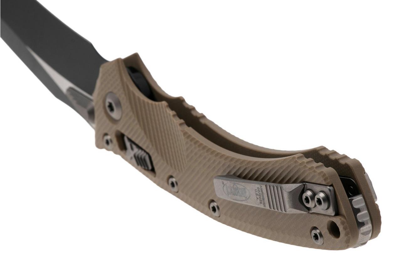 Microtech Amphibian 137RL-1FLGTTA, Two Tone Black M390MK, Fluted Tan G-10 zakmes