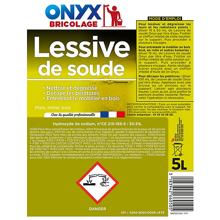Lessive de soude murs, métal et bois Onyx bricolage 30,5 % 5 L