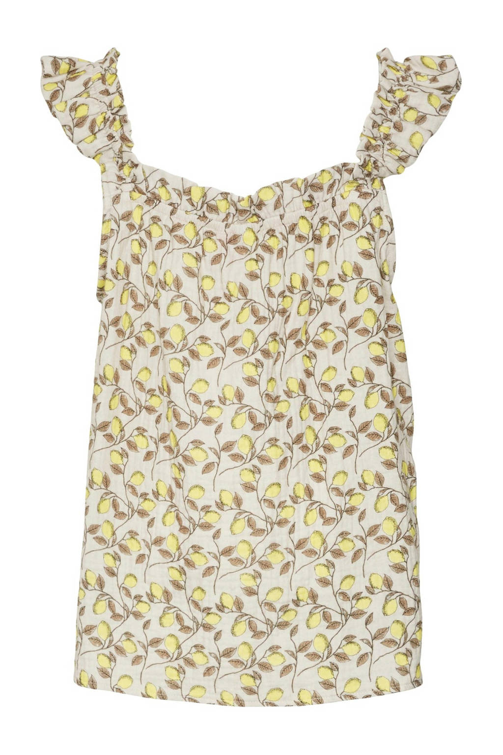 VERO MODA GIRL top VMNATALI met all over print en ruches geel/wit/bruin