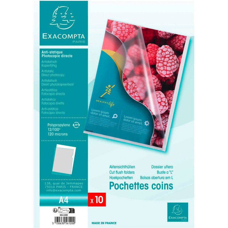 Chemise coin plastique Exacompta A4 polypropylène 12/100e transparente incolore - Paquet de 10