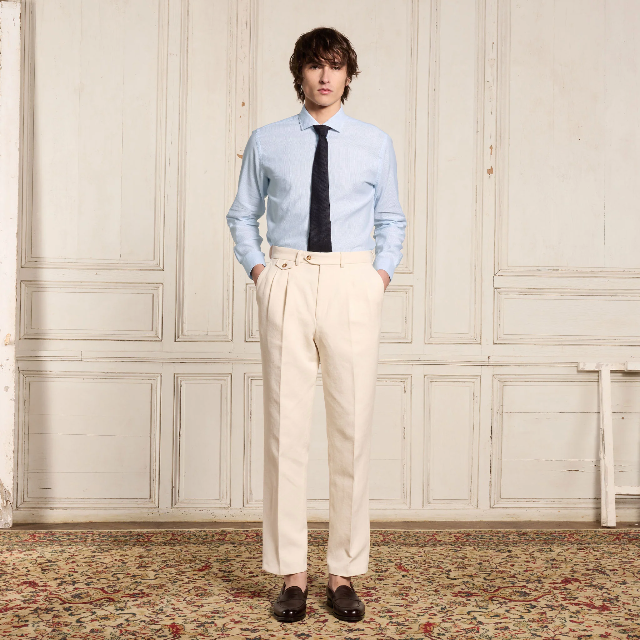 Blue micro-striped cotton and linen shirt