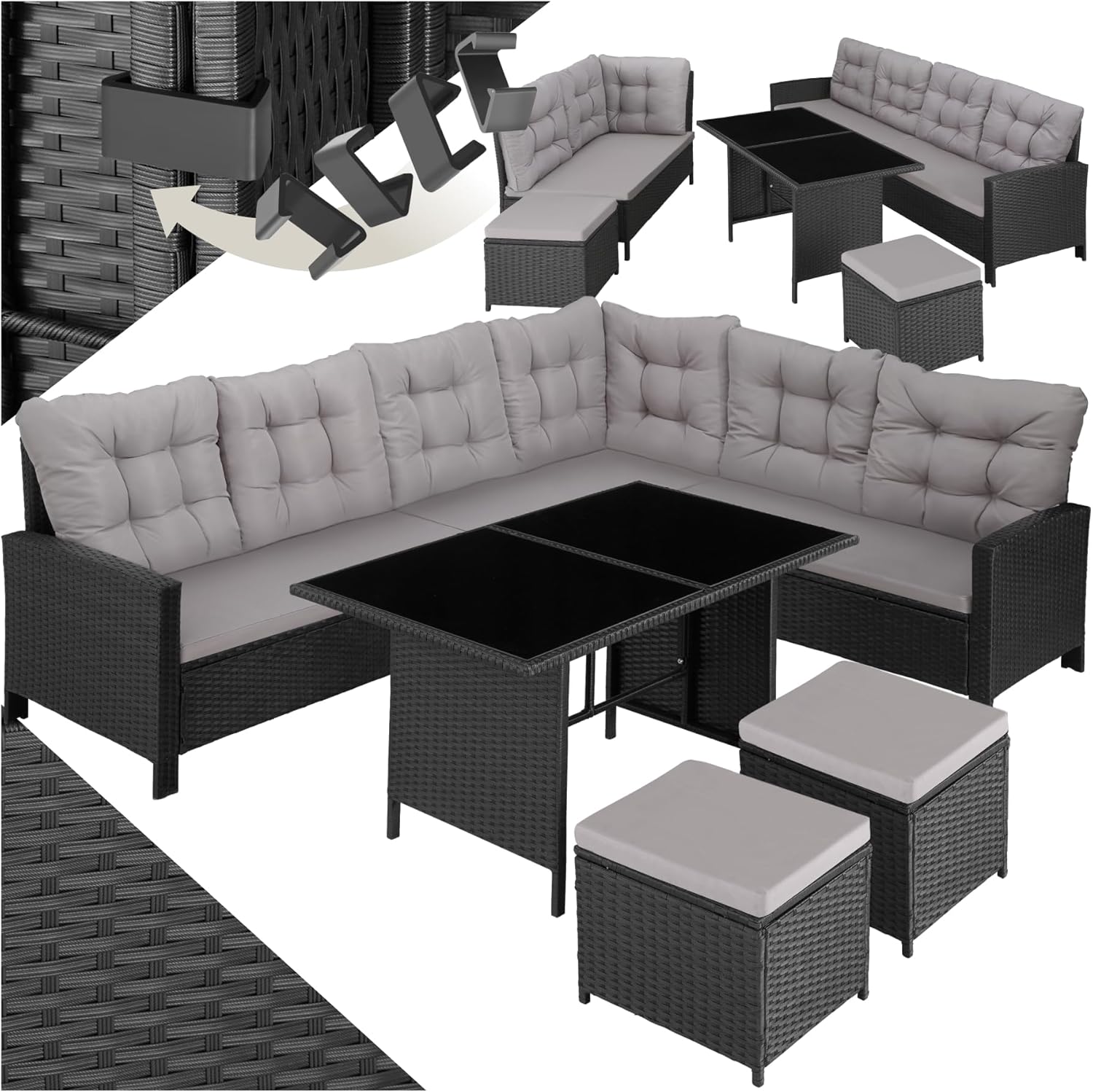 tectake Polyrattan Lounge Set, Gartenmöbel Set mit Sofa, Hocker + Tisch, Balkon Möbel Outdoor, 5-teilige Sitzgruppe, inkl. Sitz- & Rückenkissen, ideal für Garten, Terrasse, Balkon - schwarz
