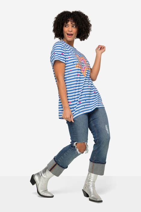 T-Shirt, Comfort Fit, Ringel, Stern, Rundhals, Halbarm