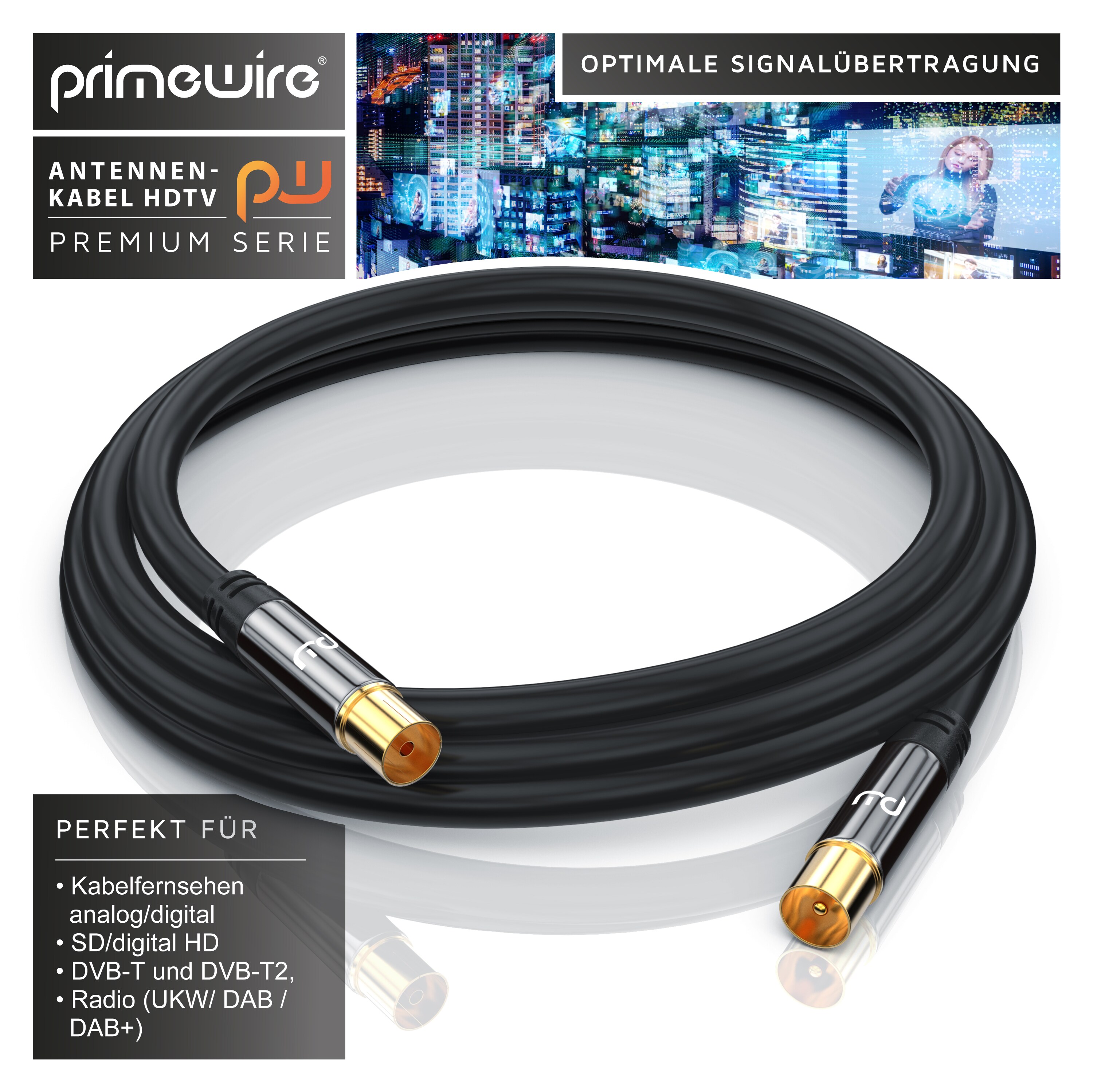 Primewire HDTV Antennenkabel mit 4-fach Schirmung IEC-Stecker zu RF-Buchse / 75 Ohm / 135dB - 15 m