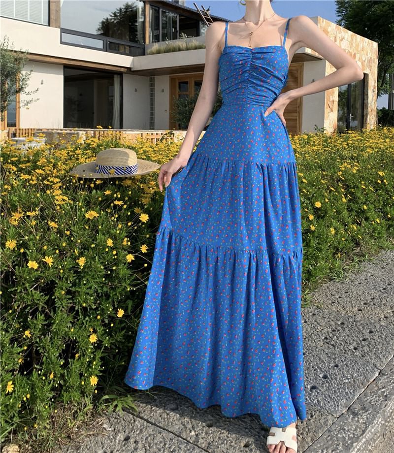 Egsy - Spaghettibandjes bloemen maxi A-lijn zomerjurk
