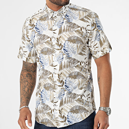 Chemise Manches Courtes Floral Beige Bleu Ciel