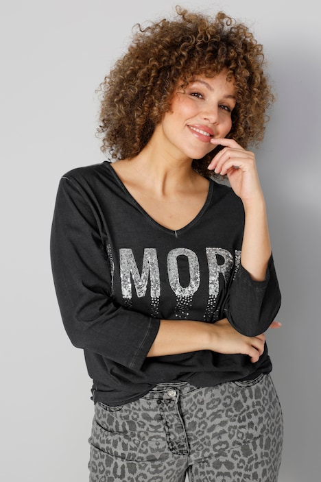 T-Shirt, AMORE Pailletten, V-Ausschnitt, 3/4-Ärmel