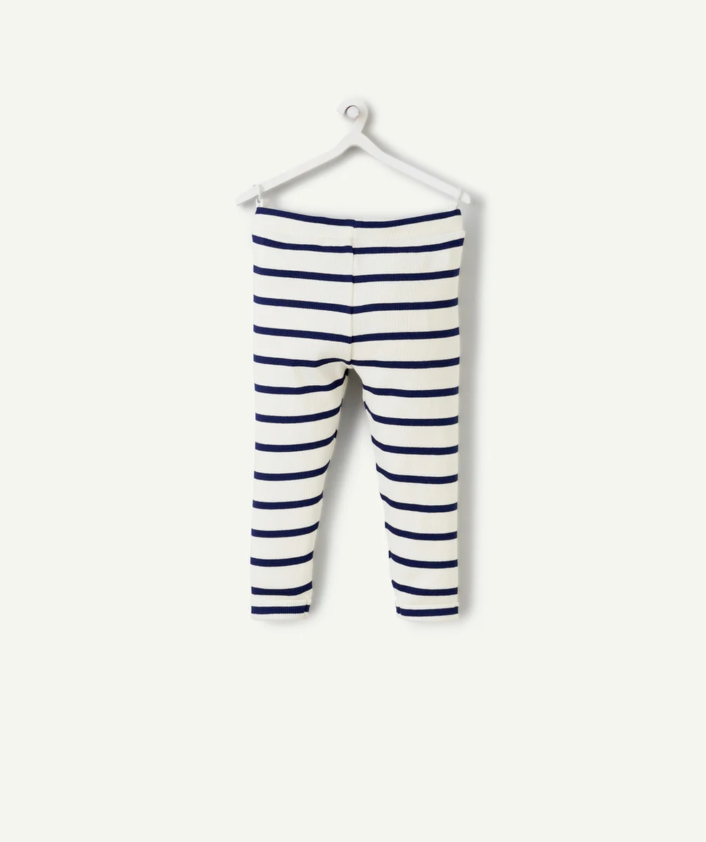 LEGGING CÔTELÉ BÉBÉ FILLE EN COTON BIO ÉCRU À RAYURES BLEUES