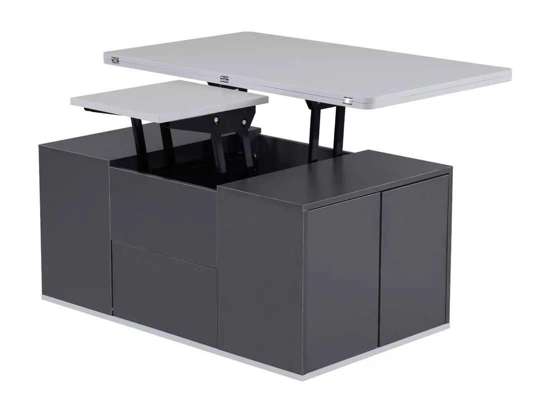 Table basse - plateau relevable - 2 niches & 3 tiroirs - bois panneaux de particules - gris