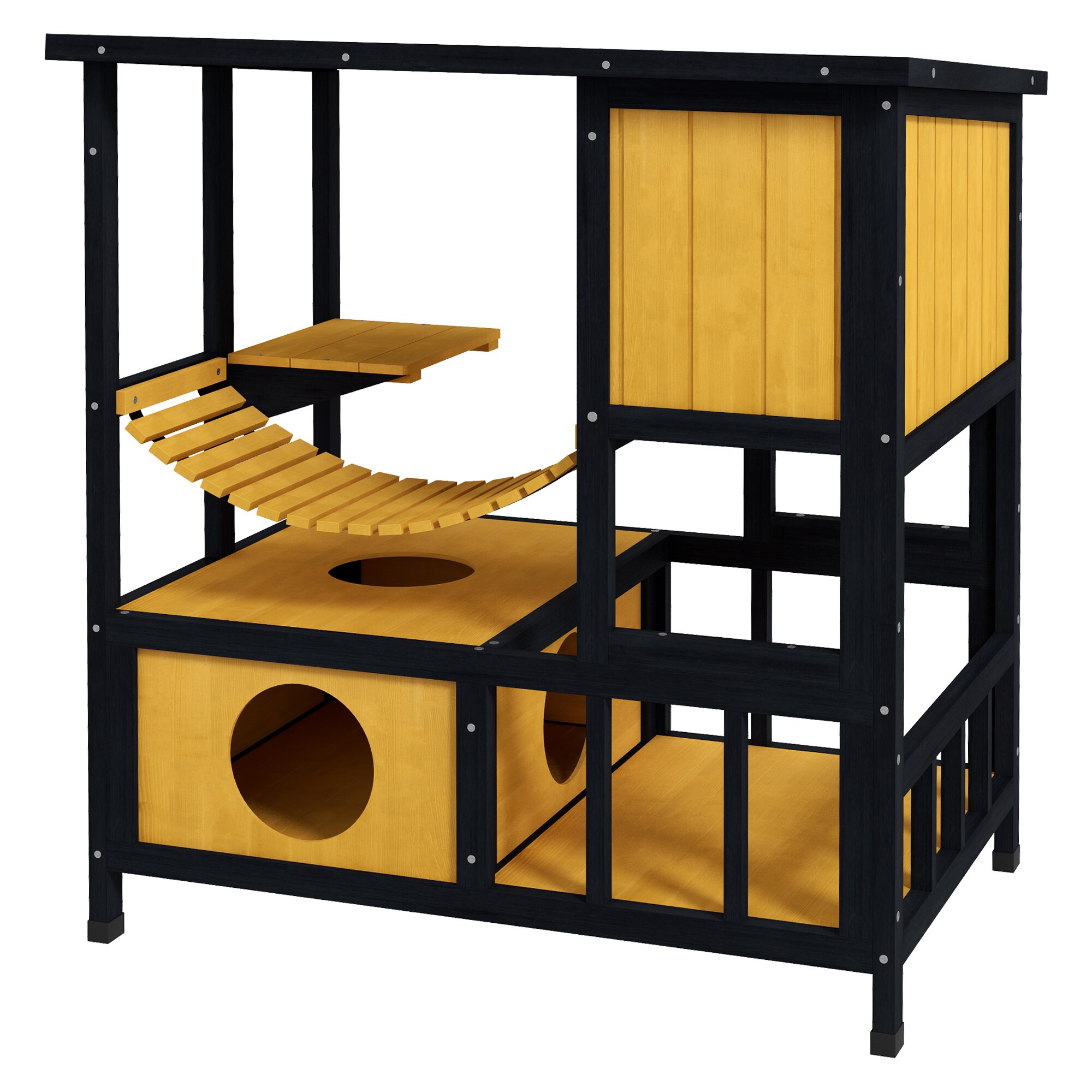 PawHut Katzenhaus mit Zugbrücke natur 84,5L x 60B x 88H cm