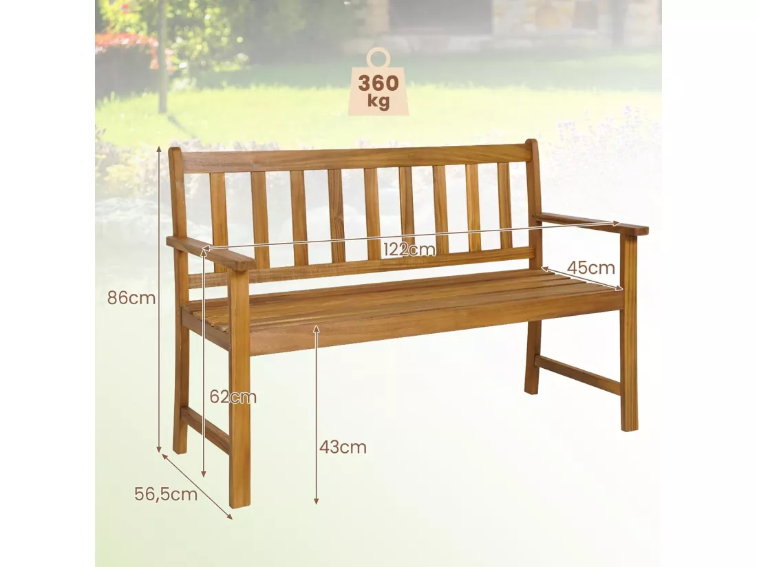 Banc de Jardin en Bois Massif d'Acacia, Banc d'Extérieur à 2 Places avec Accoudoirs, Siège à Lattes pour Parc, Porche, Cour, Charge 360 Kg, 122 x 56,5 x 86 CM (L x l x H), Naturel