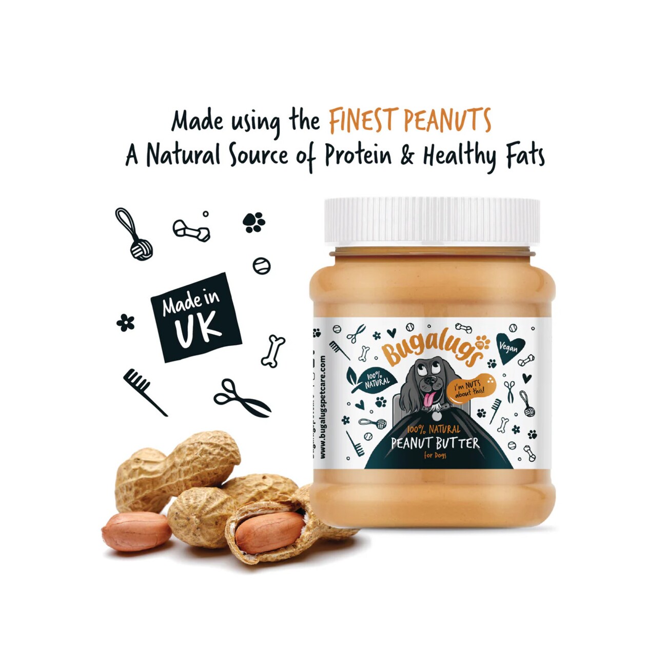 Bugalugs 100% Natürliche Erdnussbutter für Hunde Proteinreicher Snack ohne Zucker, Salz & Palmöl