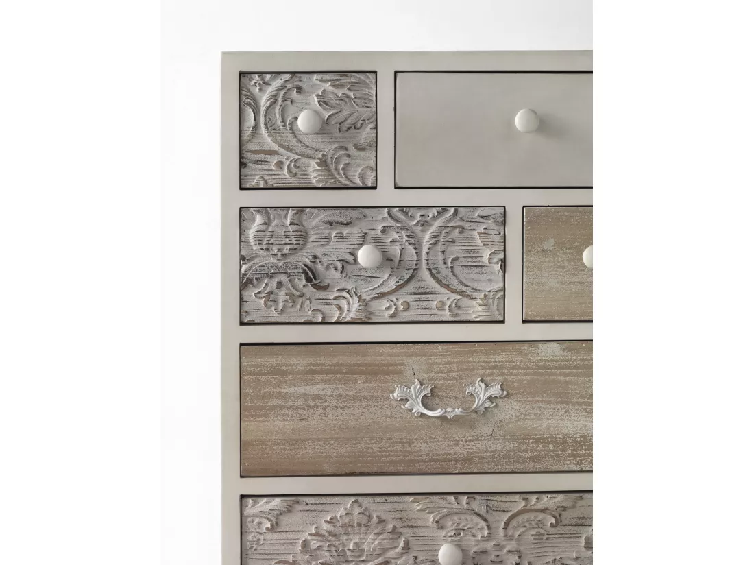 Commode plaquée en sapin blanc avec 7 tiroirs