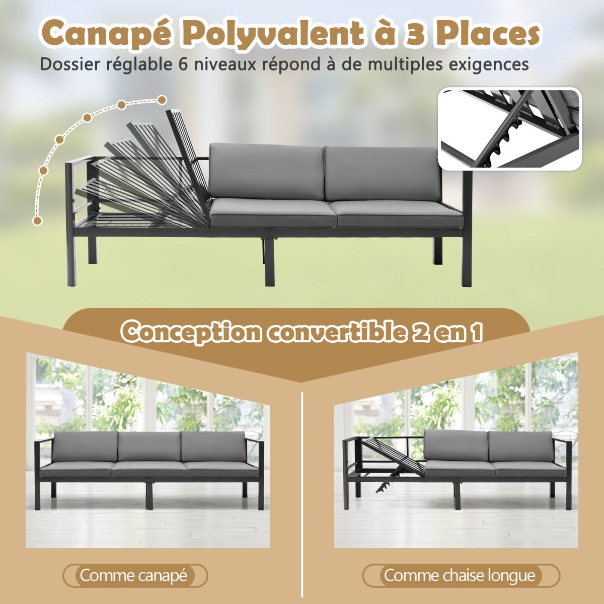 Salon de Jardin Extérieur avec Table Basse en Verre Trempé Canapéavec Dossier Inclinable à 6 Niveaux Coussins Inclus Gris - Lidl-Manfred