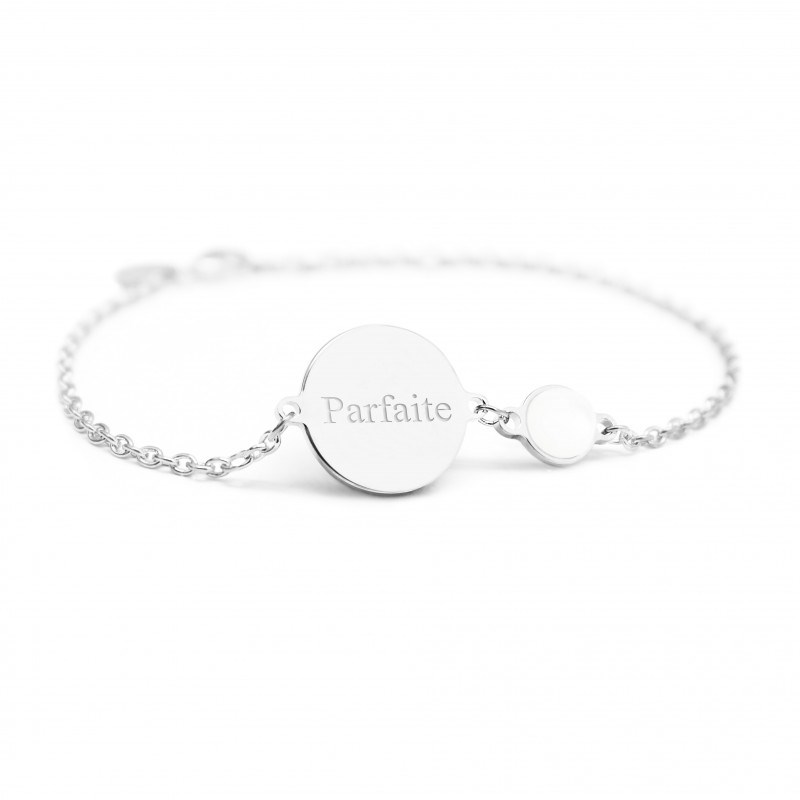 Bracelet chaine médaille et nacre blanche argent 925 femme - gravure PARFAITE