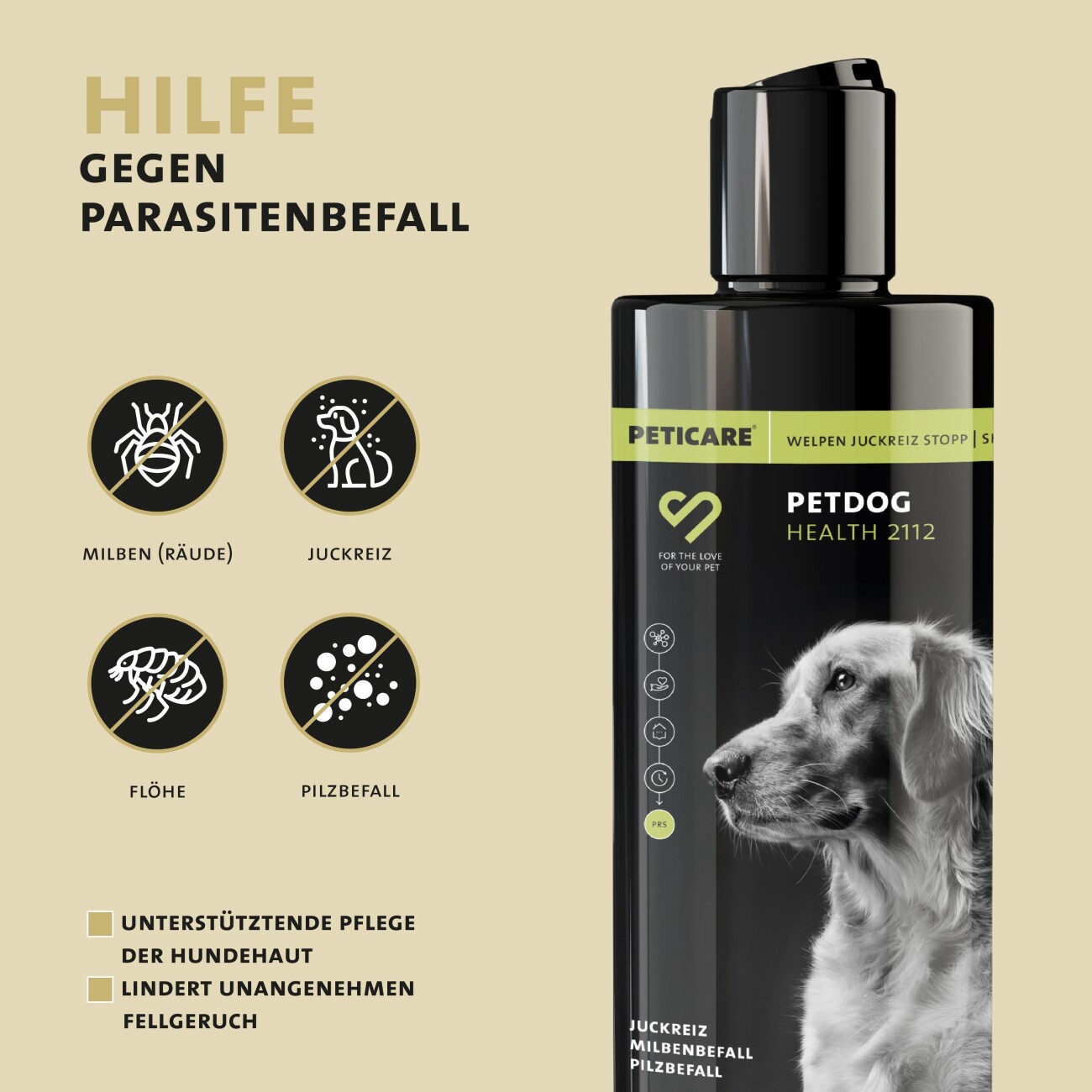 Peticare Anti-Parasiten Welpen-Shampoo gegen Milben Flöhe Pilz, lindert Juckreiz