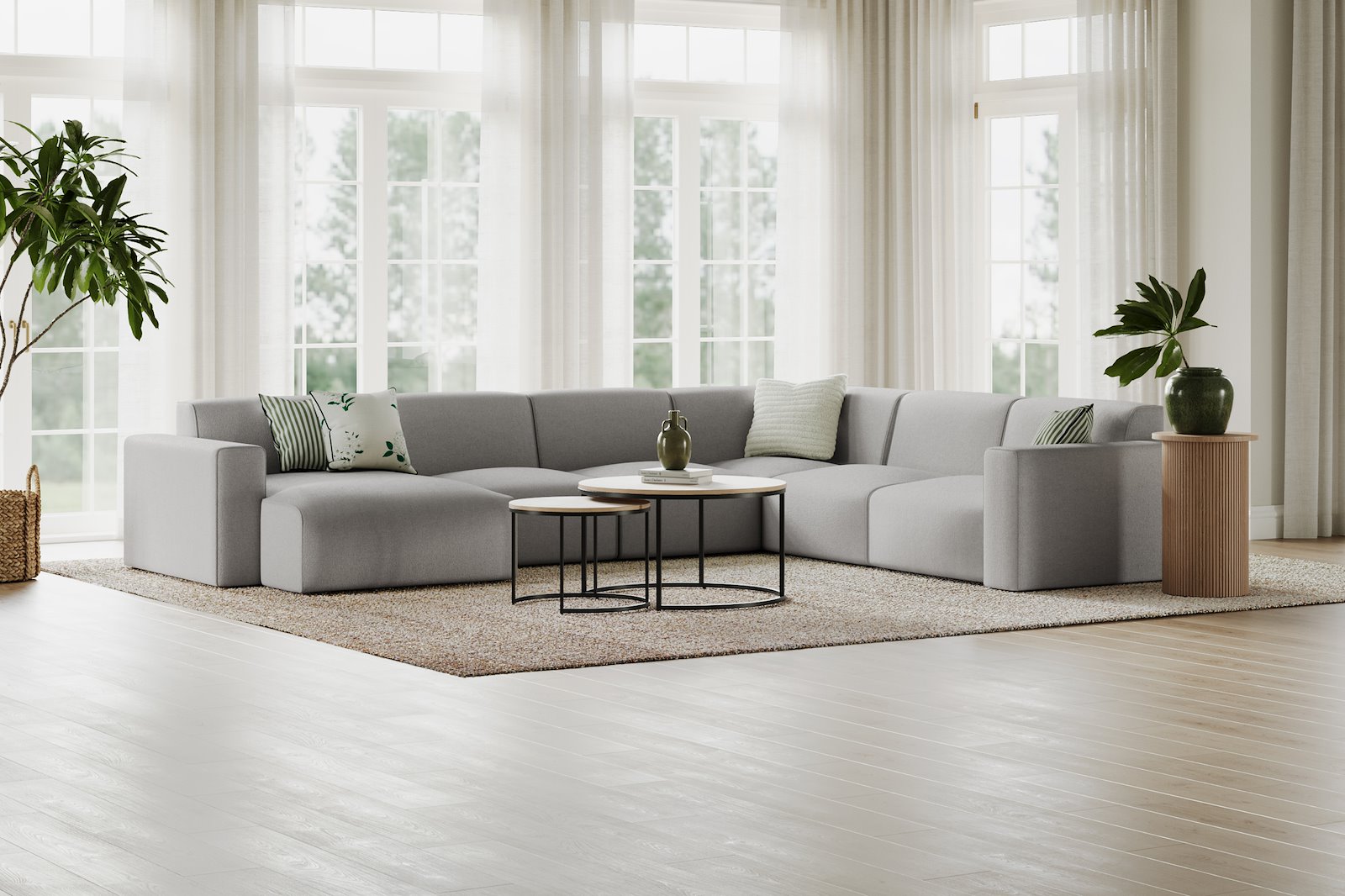 Styl U-sofa Sjeselong venstre, 2-seter og 2-seter høyre. Tekstil Lombardo 3 Grey med sorte ben.