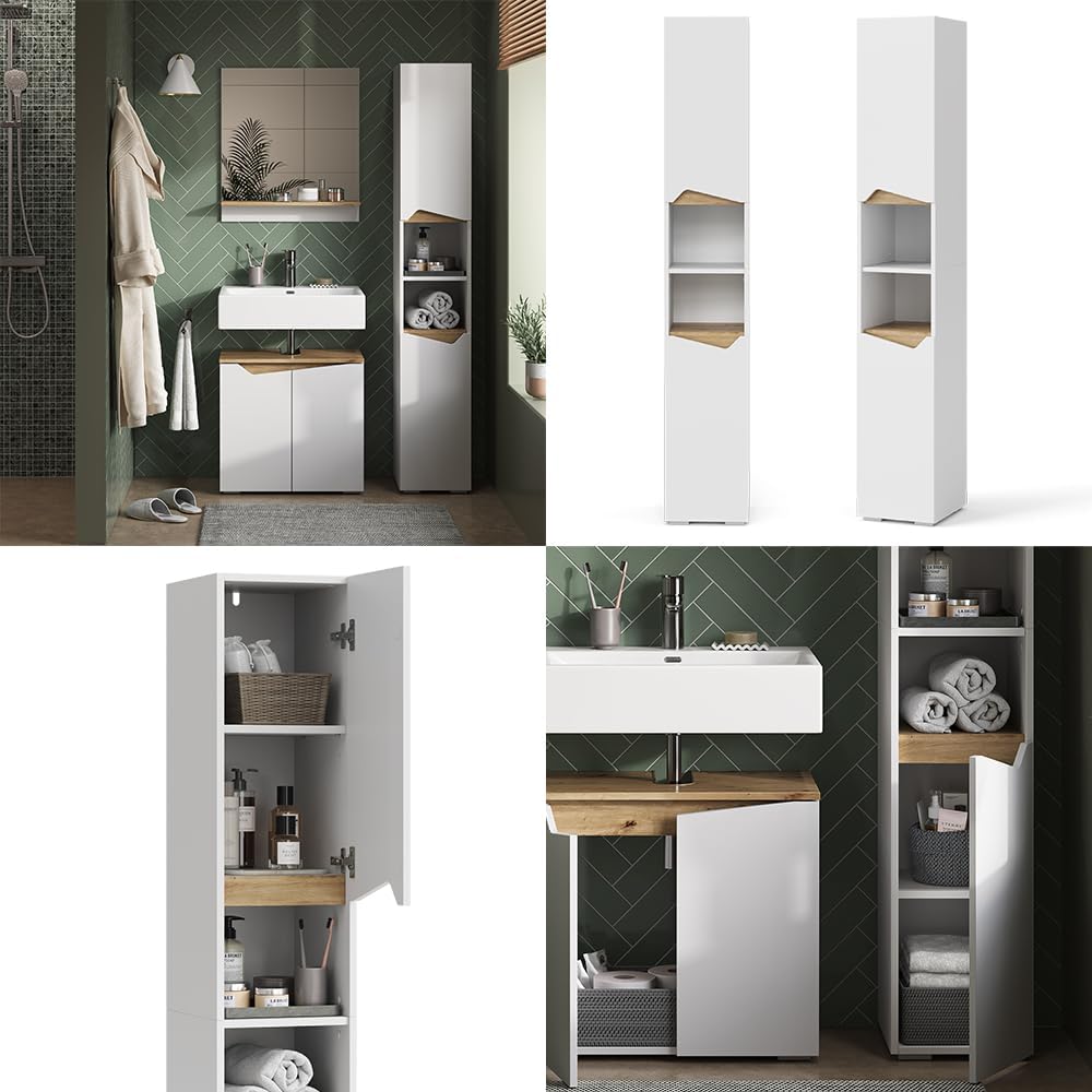 Vicco Badschrank Weiß Marelle 30x180x35 cm - Wäscheschrank, Grifflose Fronten für eine Moderne Optik