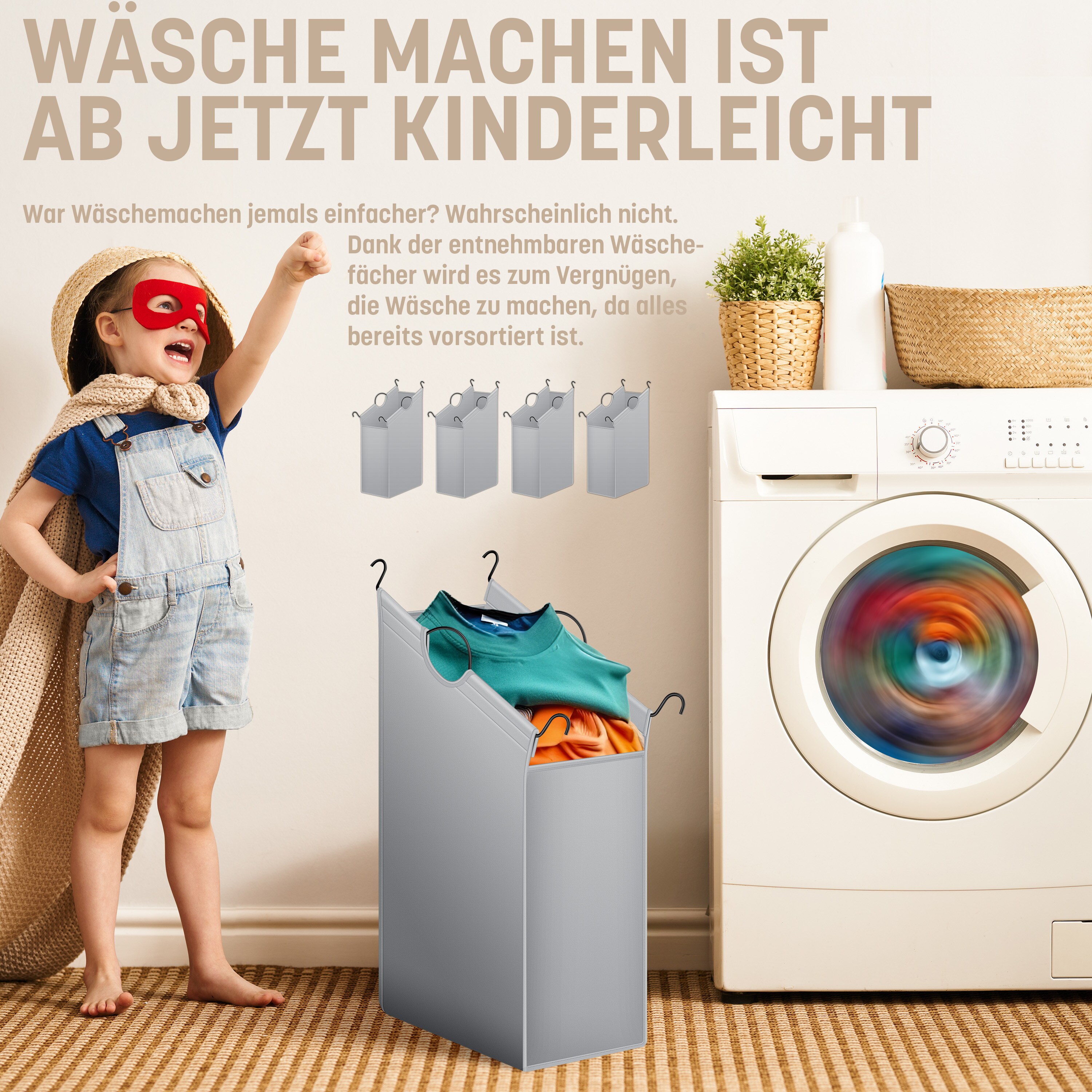 KESSER® Wäschekorb Wäschesammler Wäschesortierer mit abnehmbaren Stofftaschen | Wäschebox mit 12 Waschhinweisen 360° Rollen mit Bremse Wäsche-Sortiersystem Wäschewagen