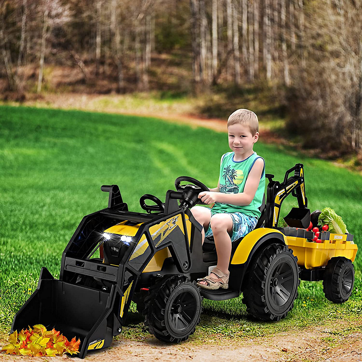 COSTWAY&reg; 12V Traktor mit Anh&auml;nger Elektroauto mit Fernbedienung & Musik gelb