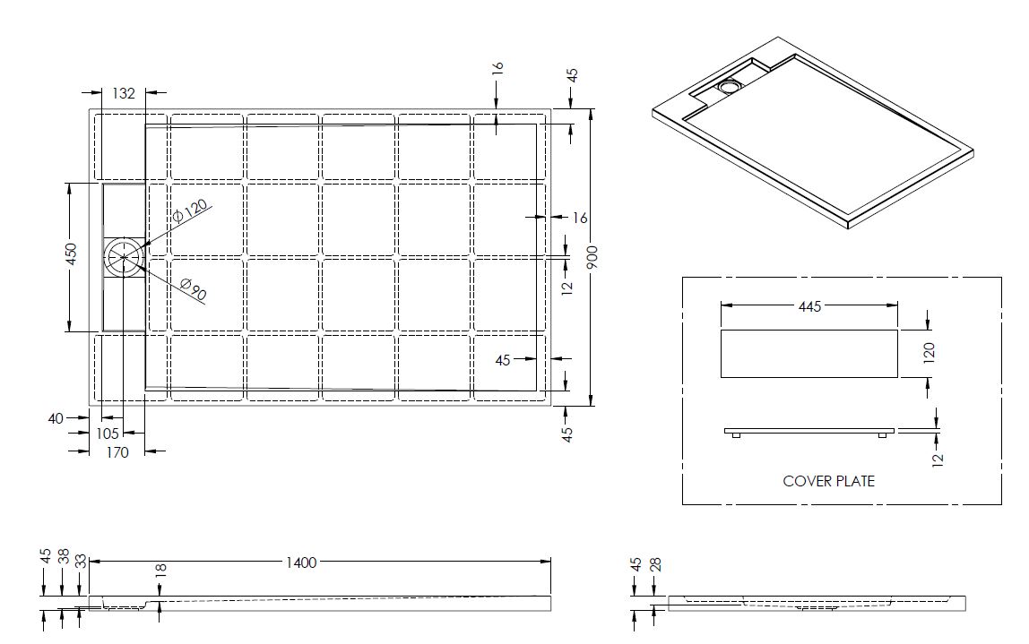 Best Design Decent solid surface douchebak mat zwart 140x90x4.5cm