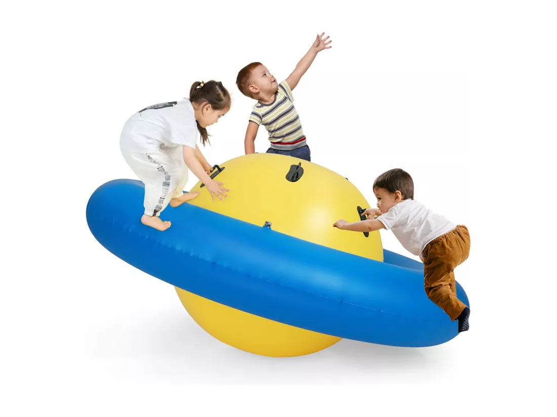 Balle Gonflable Enfants Ø233cm avec 6 Poignées, Château Gonfable en PVC avec Surface Élastique, Balle Rebondissante Intérieur Extérieur pour 3 Enfants de 5 Ans+, Charge 113kg (Jaune+Bleu)