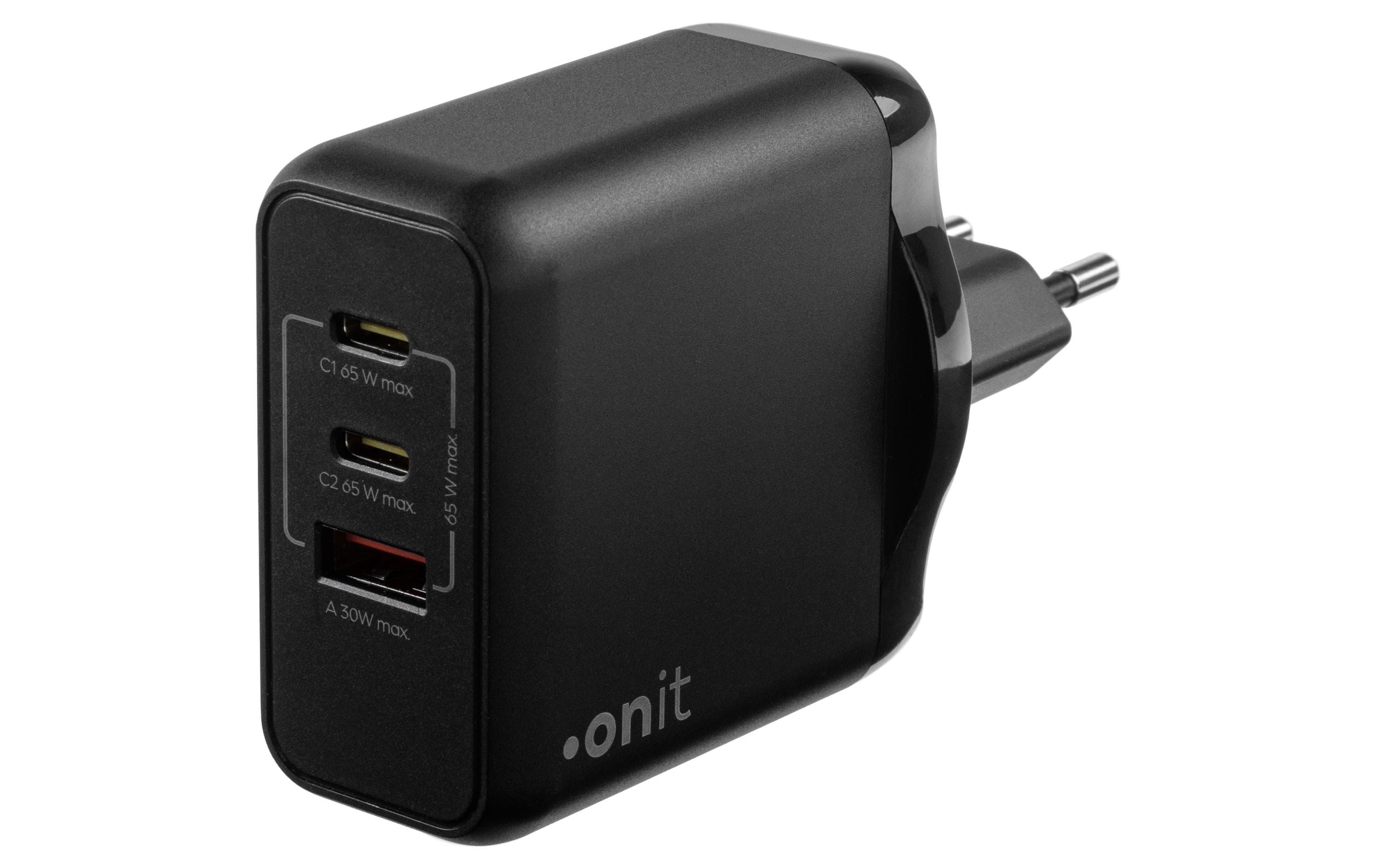 USB-Wandladegerät Triple 2C1A 65 W GaN SchwarzLadeadapter mit zwei USB-C-Ports und einem USB-A-Port