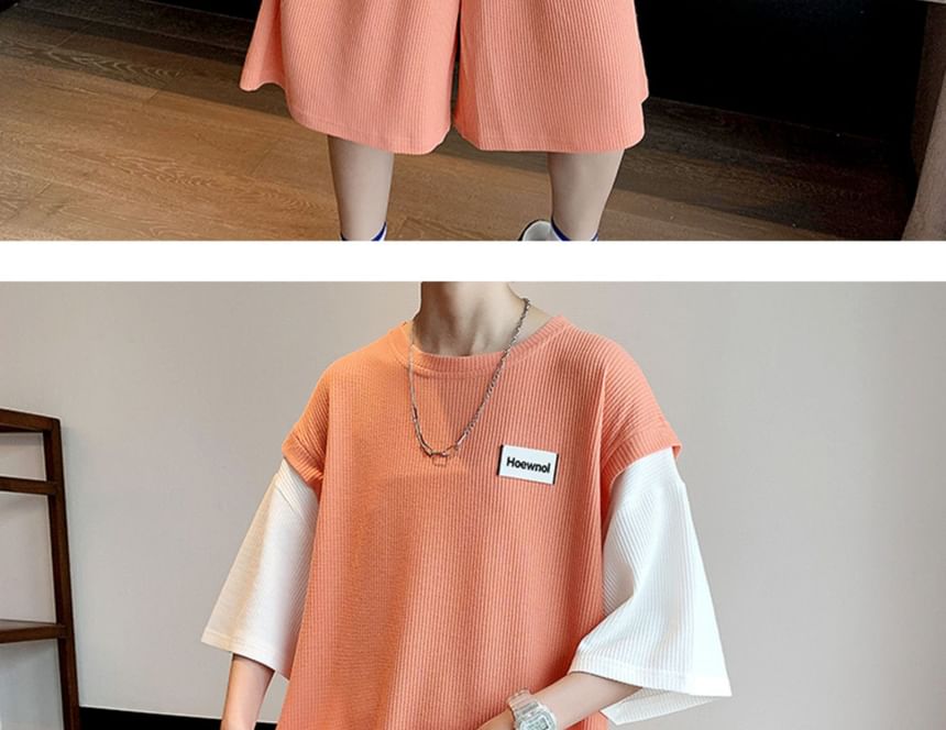 Diphon - Set: Mock tweedelig 3/4-mouw ronde hals two-tone T-shirt + elastische taille wijde pijpen shorts