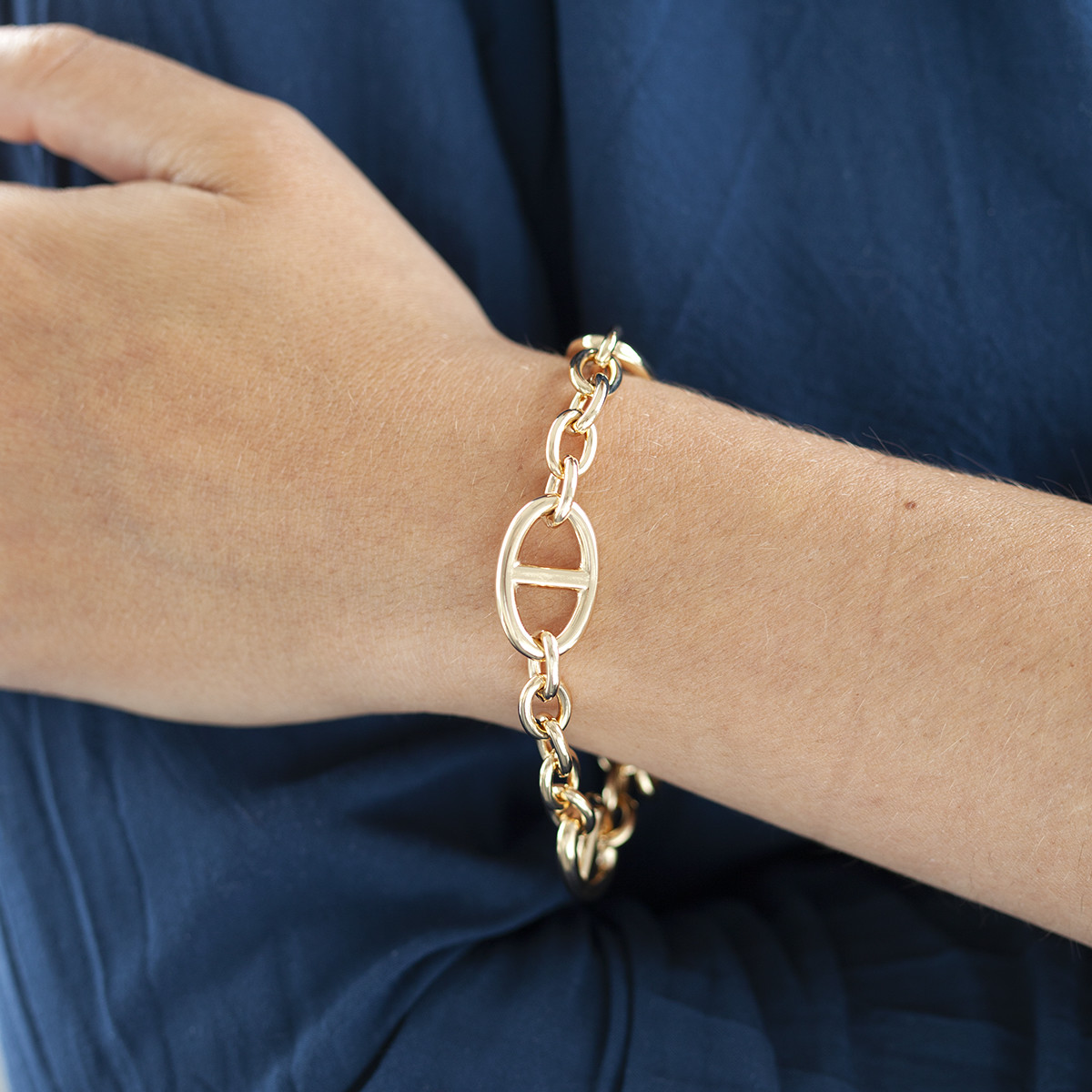 Bracelet plaqué or 20 cm maille marine alternée et maillons ronds