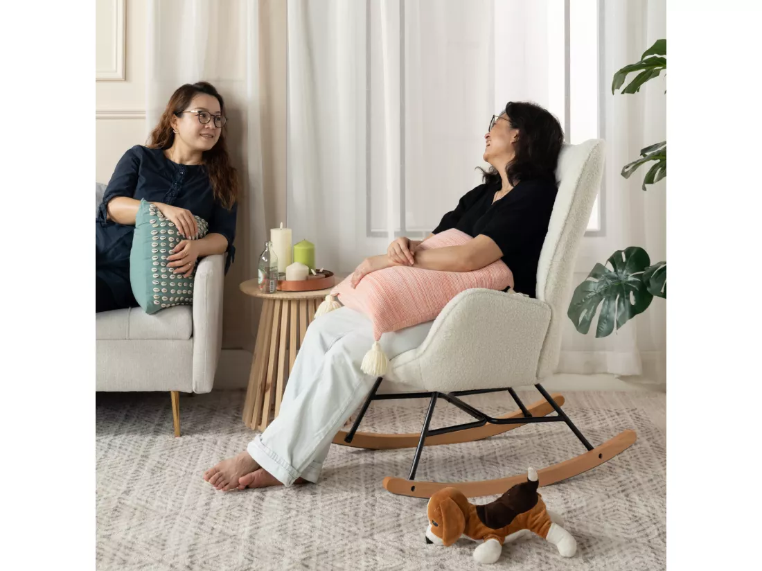 MEUBLES COSY Fauteuil à Bascule Allaitement Scandinave Chaise Loisir et Repos en Bouclette avec Pieds en E' Bois Métal pour Salon, Chambre, Massif, Beige, 66x84x97cm